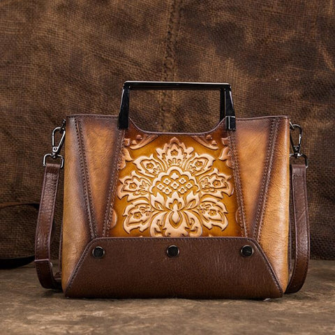 Embossed  Genuine Leather Women Top Handle Bag